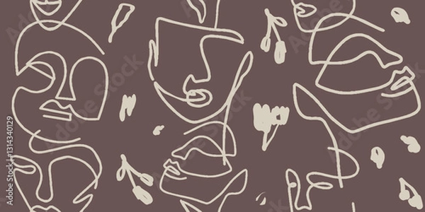 Fototapeta Seamless pattern line drawing of women with different faces.
