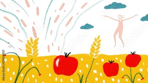 Fototapeta A vibrant illustration featuring tomatoes, wheat, and a joyful figure amidst a sunny landscape with clouds and playful lines.