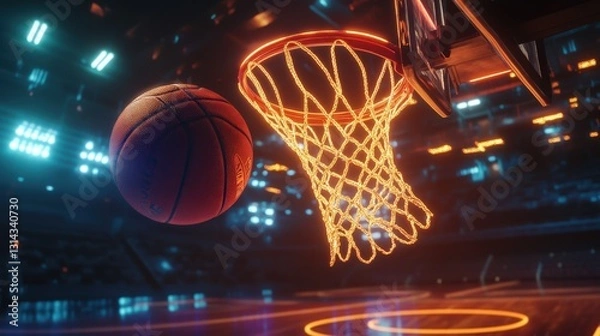 Fototapeta Dynamic Basketball Scene with Flying Ball and Illuminated Net in a Modern Sports Arena Setting for High-Energy Visuals and Promotions