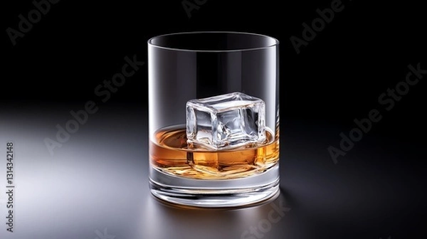 Fototapeta Whiskey Glass with Ice Cube on Dark Background for Advertising