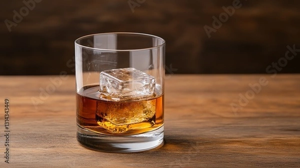 Fototapeta Whiskey on the Rocks Glass with Ice Cube on Wood Surface