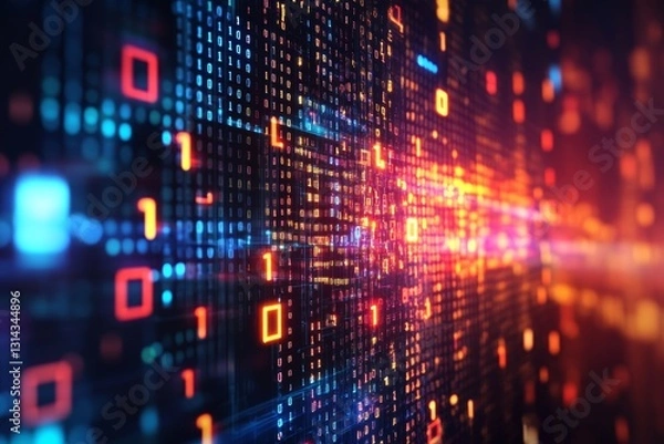 Fototapeta Abstract technology background featuring computer code and binary numbers in a dark office setting