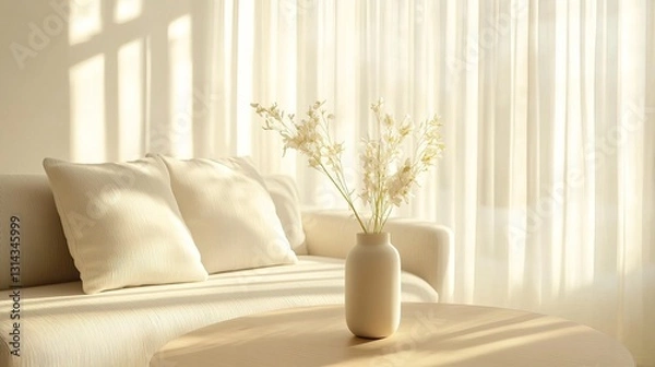 Fototapeta Bright and Modern Living Space with Linen Sofa and Wooden Coffee Table