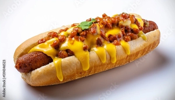 Fototapeta 単体で配置された、チーズ入りのチリドッグ