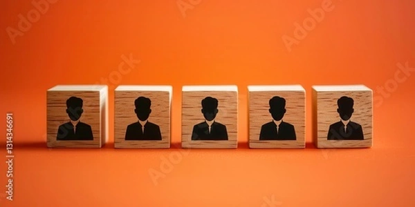 Fototapeta Diverse group unity and mutual support. Wooden blocks with silhouette figures lined up against an orange background.