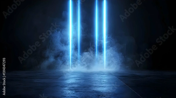 Fototapeta Three Vertical Blue Neon Lights Illuminate Dark Concrete Floor With Smoke And Reflections in Empty Urban Space for Dramatic Atmospheric Background