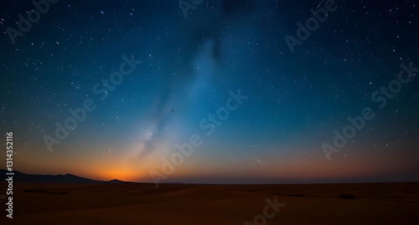 Fototapeta A sky full of shooting stars over a quiet desert. Peaceful, awe-inspiring, and infinite