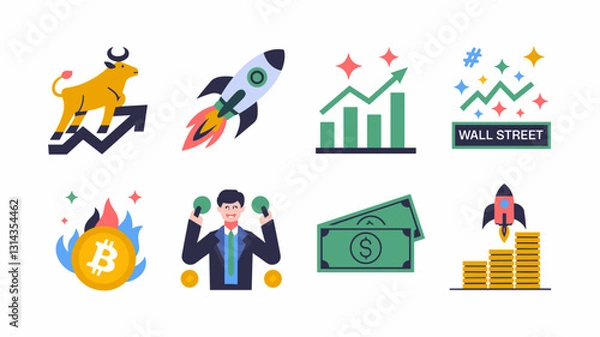 Fototapeta Vector Icon Set for Finance, Cryptocurrency, Stock Market, Business Growth, Wall Street, Bitcoin, Trading, and Investment Graphics