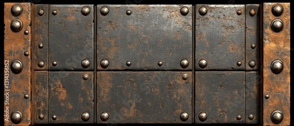 Fototapeta Detailed closeup of weathered riveted metal plates with rust texture, showing industrial grunge background and aged metallic surface Concept of corrosion, steampunk, and vintage
