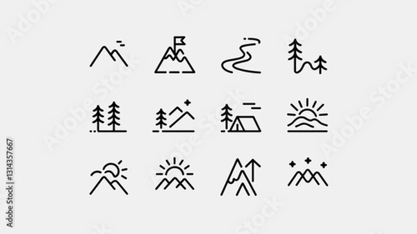 Fototapeta Mountain and Nature Vector Icon Set for Outdoor Adventure, Camping, Hiking, and Travel Design Projects in Flat Style