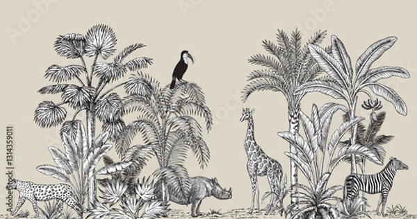 Fototapeta Toile tropical vintage botanical palm trees, banana tree, plants, giraffe, rhino, leopard, zebra animal, toucan seamless border. Graphic jungle mural.