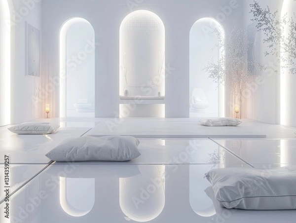 Fototapeta Serene Minimalism, A White Sanctuary with Arched Openings and Soft Pillows
