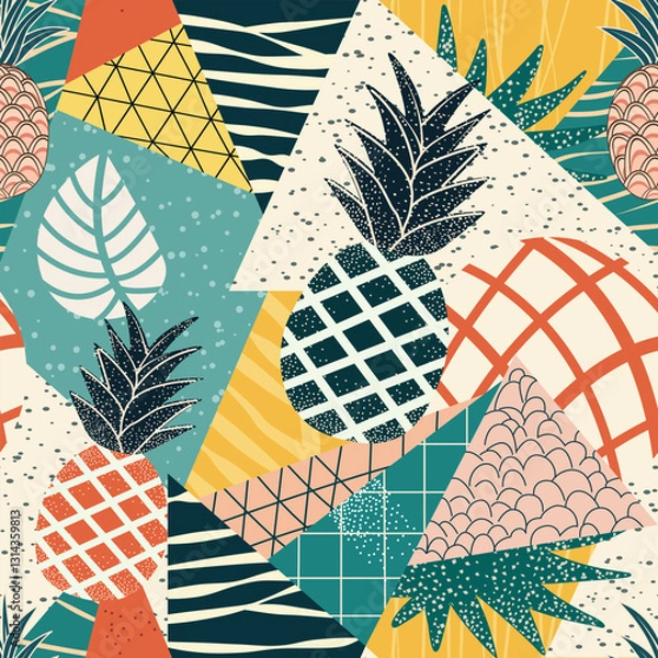 Fototapeta Colorful geometric pattern featuring pineapples and tropical foliage in a playful design