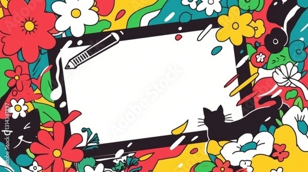 Fototapeta Vibrant Graphic Design with Cats and Flowers; A Whimsical Illustration Featuring a Colorful Composition of Cats and Flowers, Perfect for a Modern Background or Graphic Design Project