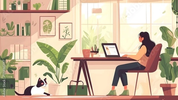 Fototapeta Cozy Workspace with Laptop and Feline Companion in Relaxed Home Office Setup