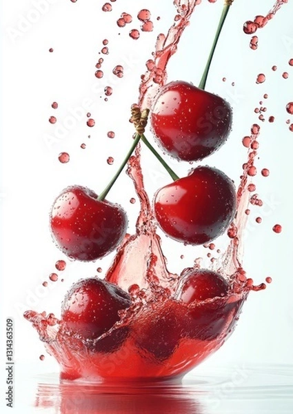 Fototapeta Juicy Cherry Splashes in Red Liquid Isolated on White Background with Fresh Summer Fruits for Advertising and Branding