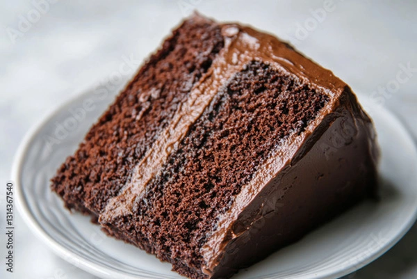 Fototapeta A decadent slice of moist chocolate cake, rich frosting, perfect dessert.