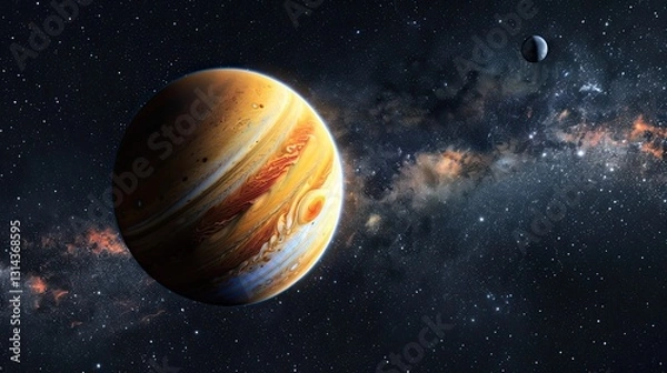 Fototapeta Magnificent gas planet jupiter, illuminated, distant moon and stars