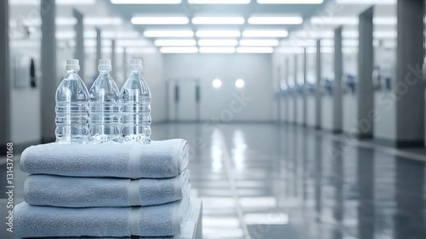Fototapeta Tidy Gym Locker Room with Fresh Towels and Water Bottles in a Clean Minimalist Aesthetic