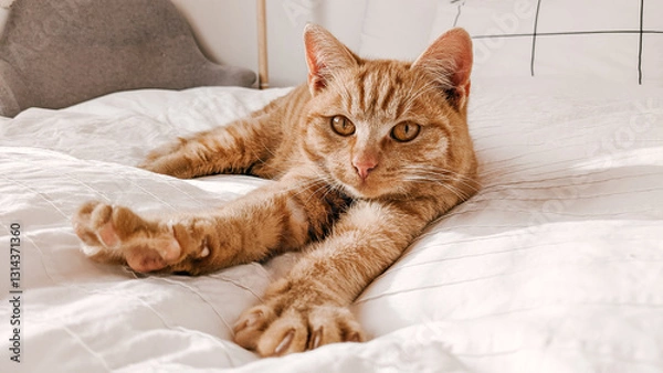 Obraz Ginger orange aesthetic cute cat lying on a white bed