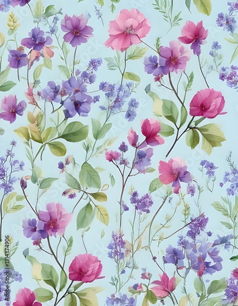 Fototapeta Colorful blossoms repeating across pastel blue watercolor style surface
