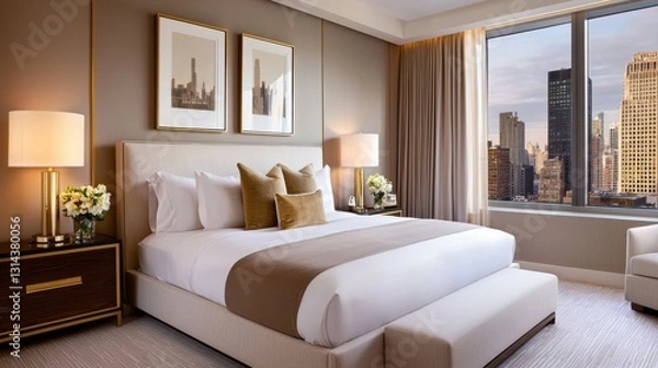 Obraz Scandinavian calm Hollywood bedroom, muted taupe walls, soft oversized bed, gold minimal decor, subtle framed artwork, soft glow lamps, skyline