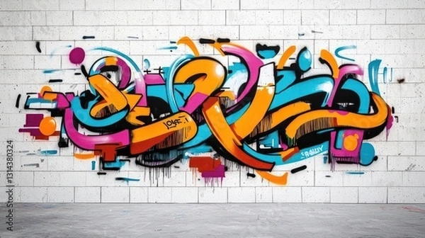 Fototapeta Colorful Abstract Graffiti Art Displayed On A White Brick Wall With Concrete Floor