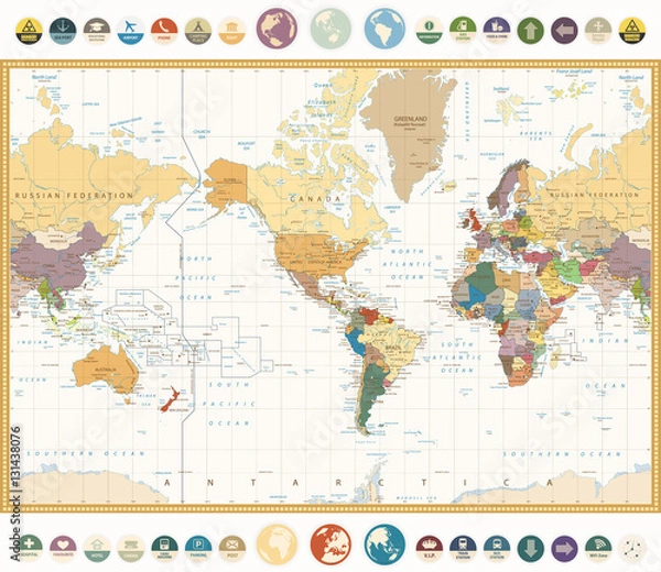 Obraz America Centered World Map with flat icons and globes.Vintage colors
