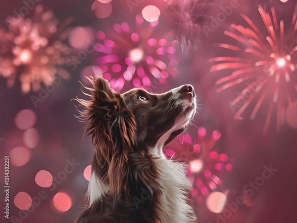 Fototapeta Curious Border Collie Watching Colorful Fireworks at Night