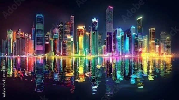 Fototapeta Vibrant Futuristic Neon Cityscape at Night with Colorful Illuminated Skyscrapers and Reflections