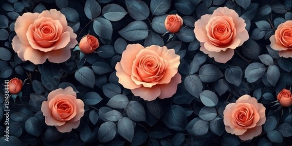 Obraz Seamless Floral Pattern of Pink and Red Roses with Green Foliage on Dark Background in Victorian Style