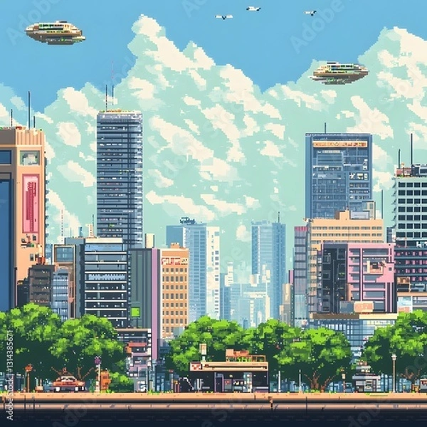 Fototapeta Retro 8 Bit Pixelated City Skyline with Floating Platforms and Nostalgic Arcade Aesthetics