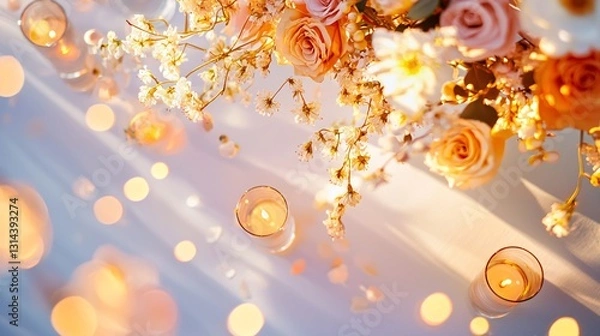 Fototapeta Event Planning setting with flowers,candles,balloons Concept. Romantic Floral Arrangement with Soft Candlelight