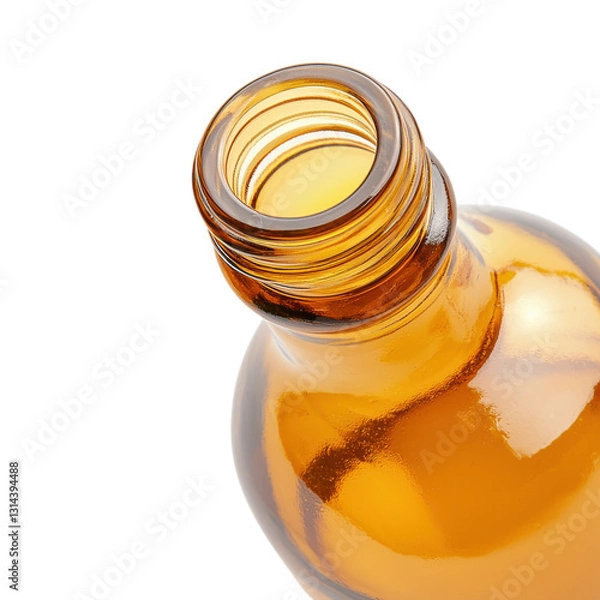 Obraz A close-up view of a bottle neck filled with a golden liquid, showcasing its shiny surface against a black background.