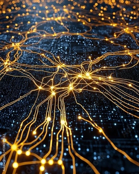 Fototapeta Supply chain global interconnected network. Abstract representation of glowing network connections on a dark background, symbolizing technology and digital communication.