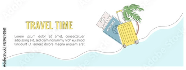 Fototapeta One continuous line drawing of a suitcase, passport and palm. Travel time, a travel concept banner. Editable stroke, simple doodle design, vector illustration