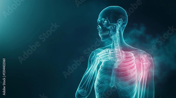 Fototapeta A cinematic-style X-ray composition with a semi-transparent human body, where both shoulder joints appear swollen and glowing intensely, emphasizing pain and limited mobility.