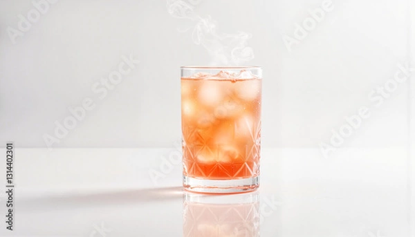 Fototapeta Refreshing drink with steam on white background, vibrant elegance