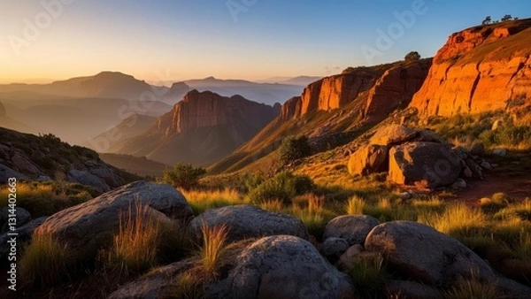 Fototapeta Breathtaking view of red rock cliffs at sunrise, with mist covering the valley below and lush grass in the foreground under a vibrant sky