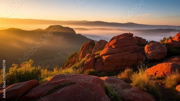 Fototapeta Breathtaking view of red rock cliffs at sunrise, with mist covering the valley below and lush grass in the foreground under a vibrant sky