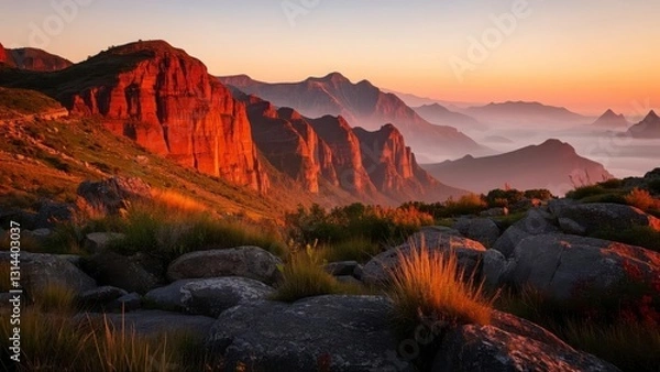 Fototapeta Breathtaking view of red rock cliffs at sunrise, with mist covering the valley below and lush grass in the foreground under a vibrant sky