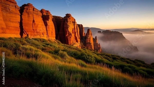 Fototapeta Breathtaking view of red rock cliffs at sunrise, with mist covering the valley below and lush grass in the foreground under a vibrant sky
