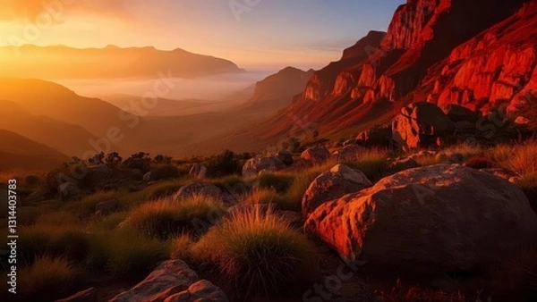 Fototapeta Breathtaking view of red rock cliffs at sunrise, with mist covering the valley below and lush grass in the foreground under a vibrant sky