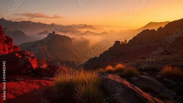 Fototapeta Breathtaking view of red rock cliffs at sunrise, with mist covering the valley below and lush grass in the foreground under a vibrant sky