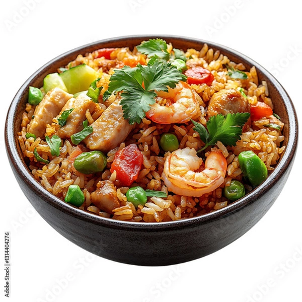 Fototapeta A Bowl of Indonesian Nasi Goreng Fried Rice with Shrimp Isolated on Transparent Background