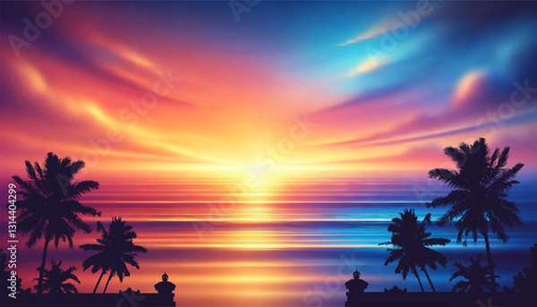 Obraz Vector Tropical Sunset Over the Ocean with Palm Trees Silhouettes and Vibrant Sky