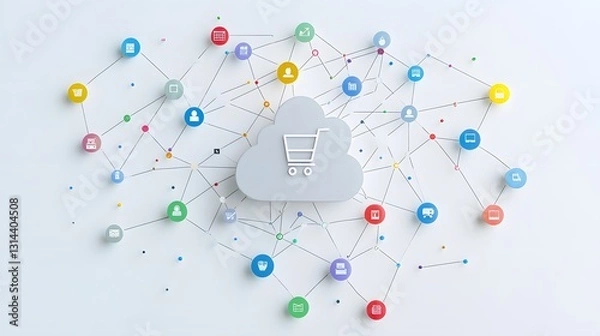 Fototapeta Futuristic Cloud Based E Commerce SaaS Platform Concept with Online Store Infrastructure
