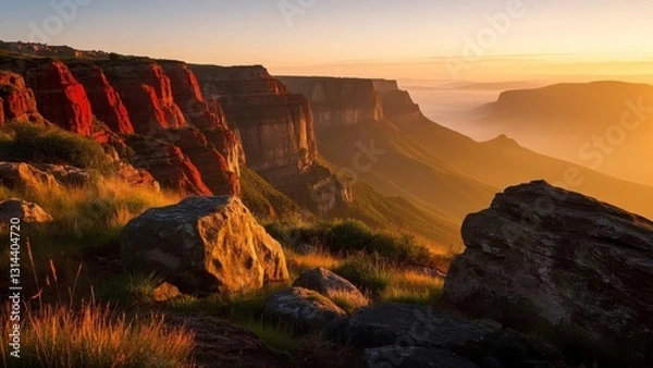 Fototapeta Breathtaking view of red rock cliffs at sunrise, with mist covering the valley below and lush grass in the foreground under a vibrant sky