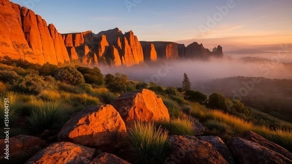 Fototapeta Breathtaking view of red rock cliffs at sunrise, with mist covering the valley below and lush grass in the foreground under a vibrant sky
