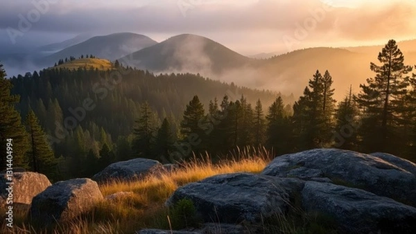 Fototapeta Serene forest landscape at sunrise with layers of mist covering rolling hills, casting golden light over dense evergreen trees